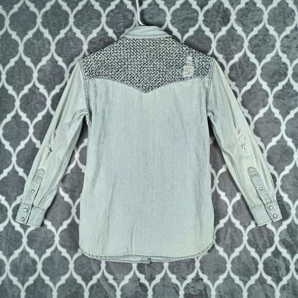AllSaints Raine Denim Shirt Womens 0 Blue Hand Embellished Distressed Beaded - Picture 3 of 14